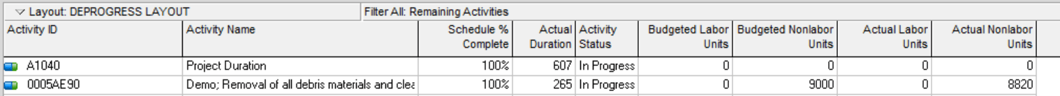 Primavera P6 budgeted and actual